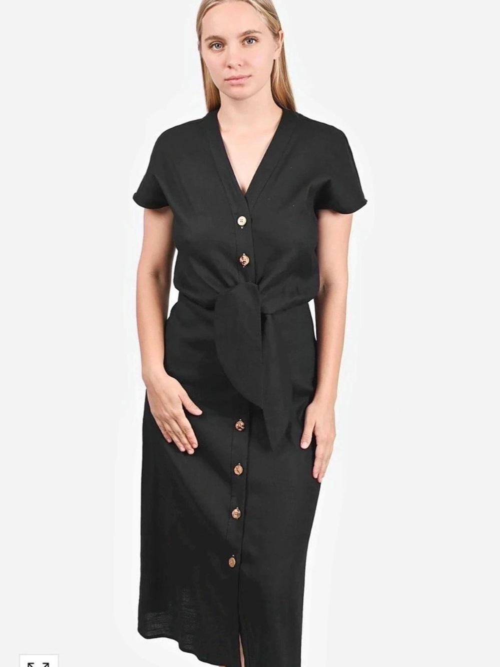 Veronica Beard Giana Tie Front Linen Blend Midi Dress Black Womens 6 ButtonFront